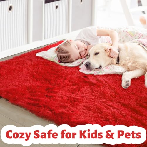 Amdrebio Red Christmas Fluffy Area Rug 6x9 ft for Living Room & Bedroom