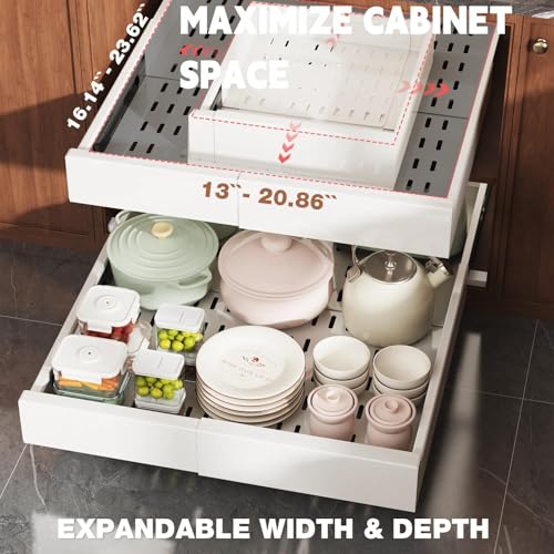 Pull Out Cabinet Organizer 4-Side Expandable White 13-21W x 17-24D 2 Pack