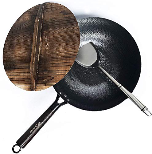 12.5 Inch Carbon Steel Wok with Wooden Lid - Pre-Seasoned for Electric, Induction & Gas Stoves