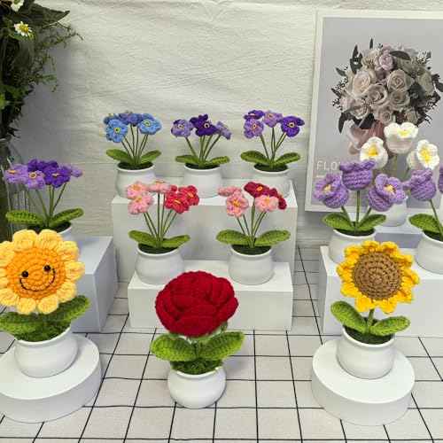 Crochet Flowers Bouquet Knitted Flowers for Home Office Desk Decorations, Christmas Stocking Stuffers Birthday Gifts for Women Teacher Coworkers Mom Sister Friends, Purple