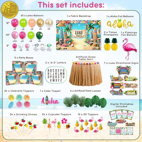 Luau Party Decorations Set - Hawaiian Birthday Party Kit with 180 Pieces - RainMeadow