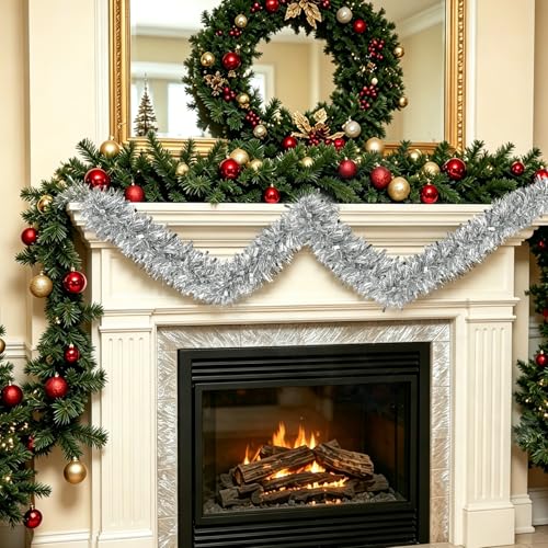 33FT Silver Christmas Tinsel Garland Decorations, Shiny Thick Rope