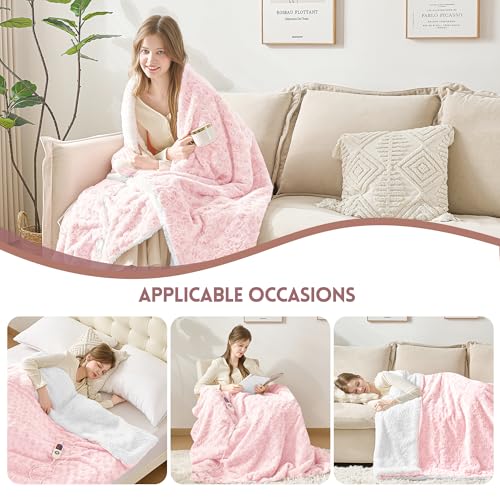 MAXEVE Heated Blanket Electric Throw 50"x60" Pink Faux Rabbit Fur