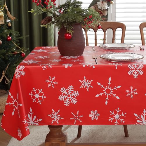 Honellaty Christmas Table Cloth for Rectangle Tables, White Snowflake Print Wipe Clean Vinyl Tablecloth, Red Waterproof PVC Plastic Table Cover for Indoor, Outdoor, Holiday Party Use 60 x 120 Inches