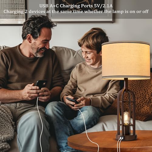 SRJJA 24-Inch Farmhouse Table Lamps Set of 2 with USB-A+C & 2-Button Switch - Bronze Variation