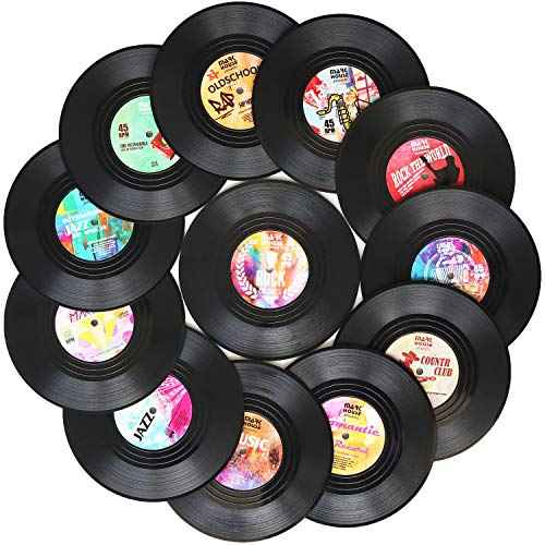 Funny Retro Record Coasters for Drinks with Vinyl Player Holder for Music Lovers,Set of 6 Conversation Piece Sayings Drink Coaster,Housewarming Hostess Wedding Registry Gift Ideas