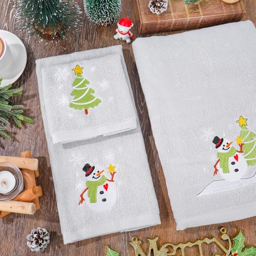 Embroidered Christmas Towels Set of 3 - Cotton Hand, Bath & Wash Cloths