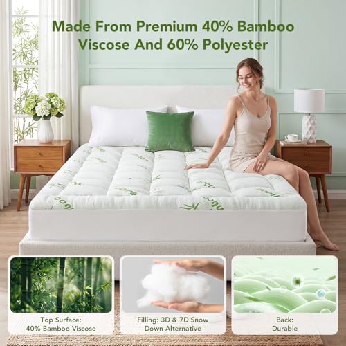 Green Full Size Bamboo Mattress Topper - Extra Thick Quilted Pillow Top, Cooling & Breathable, Deep Pocket Fit 6-18 Inches