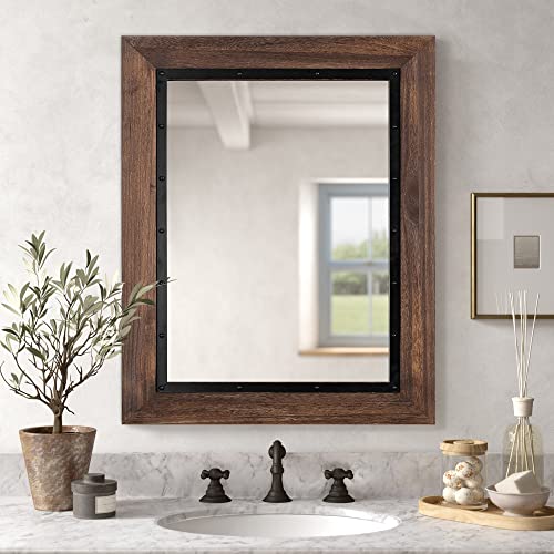 YOSHOOT Rustic Wooden Framed Wall Mirror 32x24 Brown Farmhouse Decor