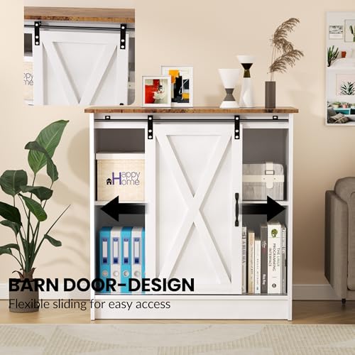 White Farmhouse Coffee Bar Cabinet with Sliding Barn Door and Storage