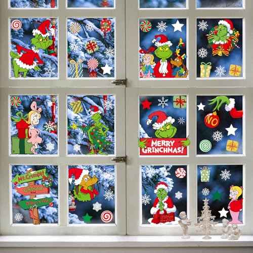 Christmas Window Clings, 9 Sheets Double-Sided Printed Christmas Elf Faces Window Stickers, Christmas Window Decals with Snowflake Decals for Christmas Decorations