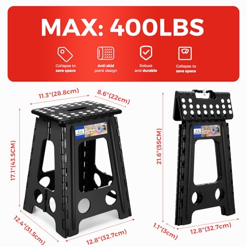 Black 17.5 Inch Folding Step Stool with Safety Lock, Heavy Duty 400 lbs