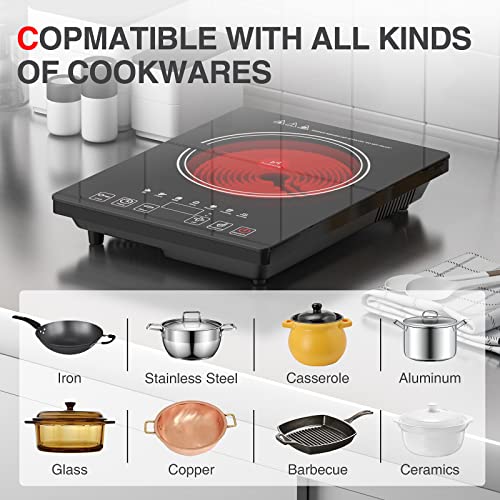 GTKZW Black Portable 1800W Single Burner Electric Cooktop with LED Touch