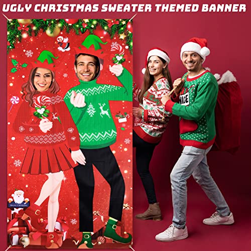 Giant Christmas Photo Booth Backdrop Banner with Face Cutouts - 6x3 ft Holiday Party Decor