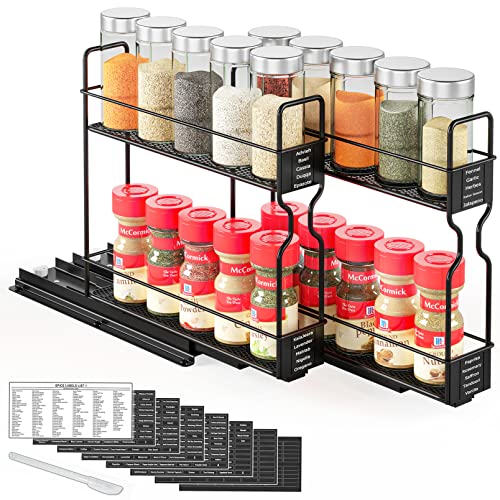 Pull Out Spice Rack Organizer for Cabinets - 2-Tier, Heavy Duty Slide Out with Labels, 5.2 W x 10.75 D x 10 H, Two 2-W Drawers