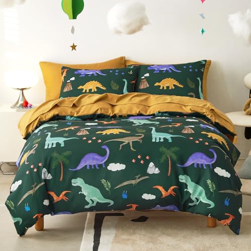 Twin Dinosaur Bedding Set for Boys - Dark Green 5-Piece Kids Bed in a Bag