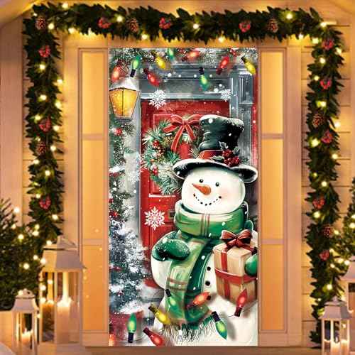 FOIMAS Christmas Door Cover Snowman Backdrop Door Banner Photography Hanging Cover Photo Booth Props for Christmas Winter Home Decoration Indoor Outdoor
