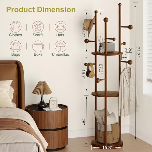 Freestanding Coat Rack with Walnut Finish and Rotating Base - Mid-Century Entryway Organizer