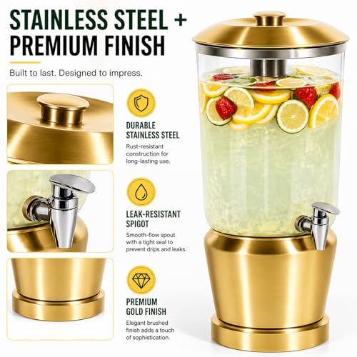 Gold Stainless Steel Drink Dispenser with Ice Chambers, 1.5 Gallons