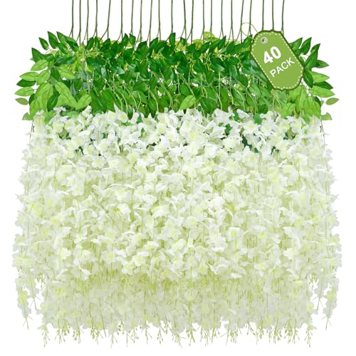 White Wisteria Hanging Flowers Set 40pcs Fake Floral Decor for Weddings & Home