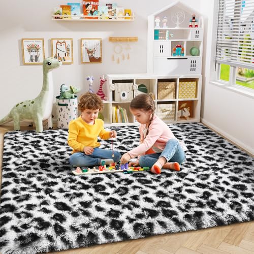 Amearea Fluffy Leopard Rug 6x9 ft White - Premium Cheetah Print, Non-Slip