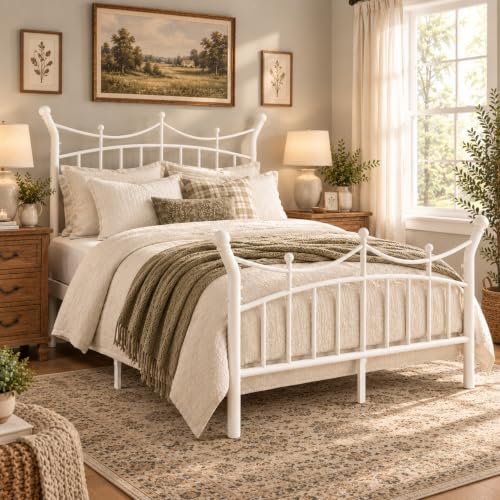 SHA CERLIN Full Size Metal Bed Frame White Victorian Crown Style No Box Spring