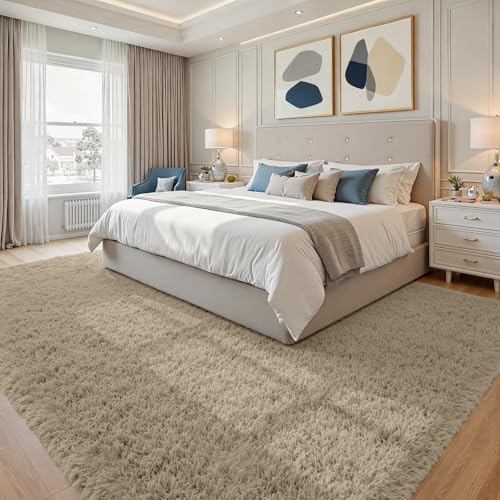 8x10 Fluffy Shag Area Rug - Soft Gray Camel Living Room Carpet - Variation of Gray Camel / 8' x 10'