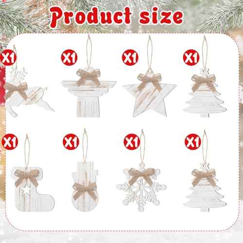 8 Pcs Rustic Christmas Tree Ornaments Wooden Angle Snowflake Reindeer Ornaments Farmhouse Christmas Tree Hanging Decorations for Xmas Home Office Fireplace Mantel Winter Party (White)