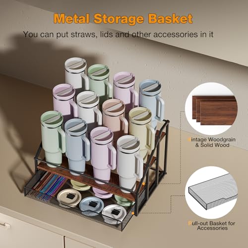 4-Tier Tumbler and Bottle Organizer Rack with Storage Basket - Natural Wood, Includes 12 Bottles