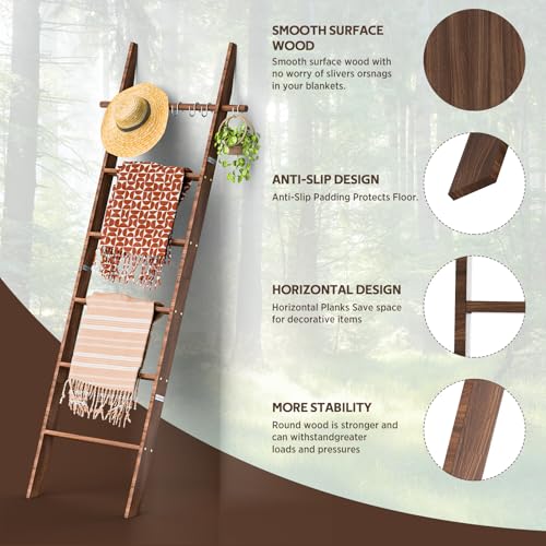 Dark Brown Farmhouse Wooden Blanket Ladder 6-Tier with Removable Hooks