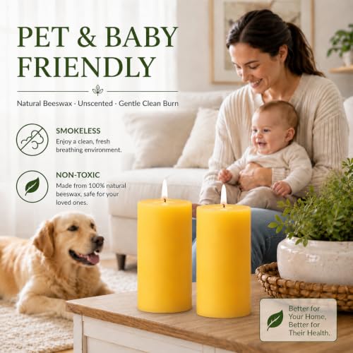 Yellow Beeswax Pillar Candles 2x4 Inch - Non-Toxic, 6 Pack, Long Burn