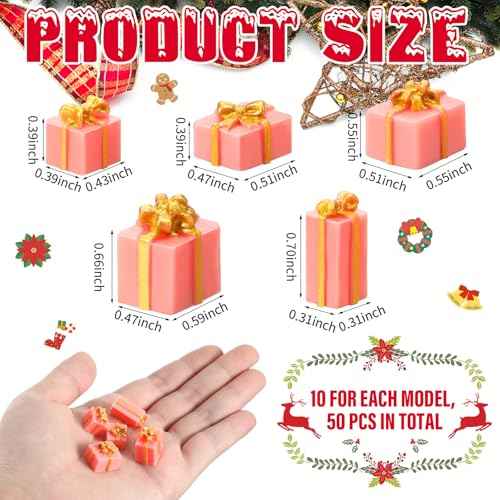 Bucherry 50 Pcs Christmas Miniature Resin Gift Boxes Pink and Gold Mini Christmas Ornaments Xmas Miniature Figurines Charms for Craft DIY Garden Accessories