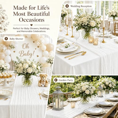 Miraluna 12-Pack White Cheesecloth Table Runners 17x108in – Semi-Sheer, No-Cut Banquet Linen (White, 12pcs)