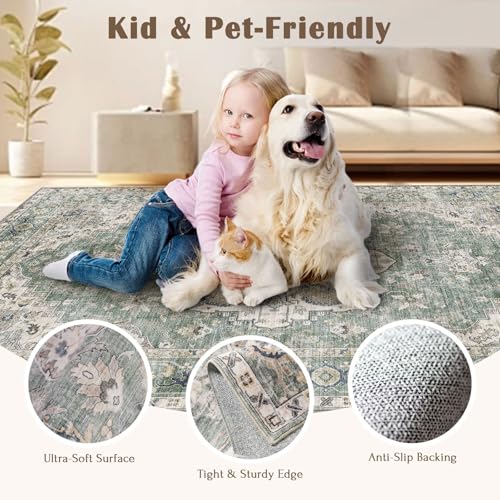6x9 Sage Green Oriental Area Rug for Living Room & Bedroom - Distressed Pattern