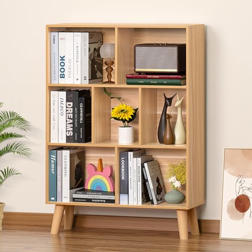 LEYAOYAO Natural 7-Cube Book Shelf with Legs, Mid-Century Modern Wooden Storage