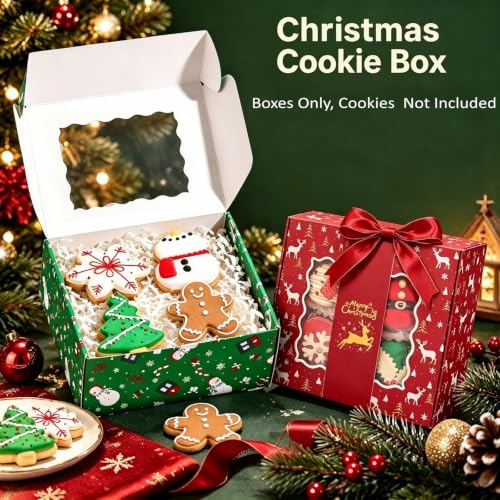 TEMLQPACK 48-Pack 6x6x2.5in Christmas Treat Boxes w/ Printed Sleeve - Multicolored-48