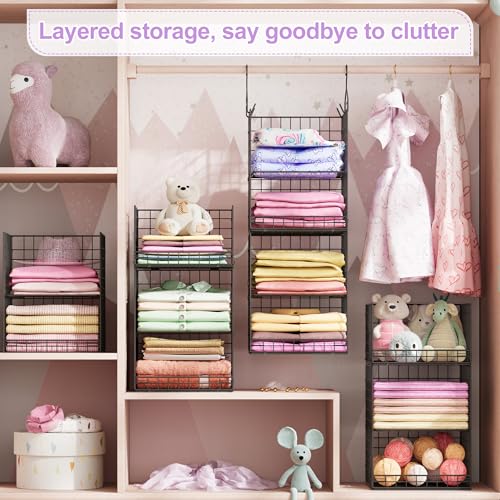 6-Tier Hanging Closet Organizer Black - Stackable Shelves with Hooks & Dividers