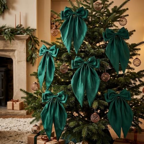 Thiccywoov 24 Dark Green Christmas Bows 15 x 6.3 in - Pre-Tied Satin, Festive Décor (Dark Green / 24)