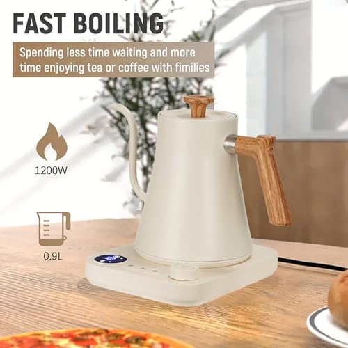 BQEUCE White Gooseneck Electric Kettle 0.9L with ±1℉ Temperature Control