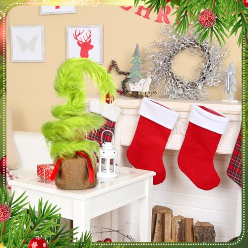 VioraWhite 14-Inch Whimsical Christmas Tree with Elf Hair - Lime Green Holiday Decor