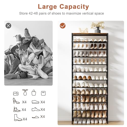 Rustic Brown 12-Tier Metal Shoe Rack with Wooden Top, 40-48 Pairs - UNITSTAGE