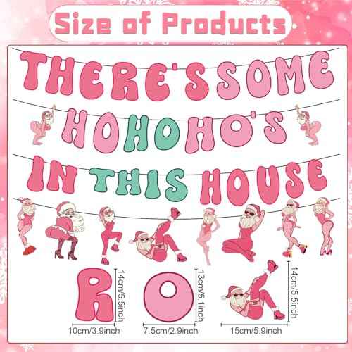 Gameza Friendsmas Christmas Party Decorations - 4PCS There's Some Ho Ho Hos in This House Christmas Banner Pink Naughty Christmas Decorations Party Holiday Santa Claus Xmas Party Decor Supplies No DIY
