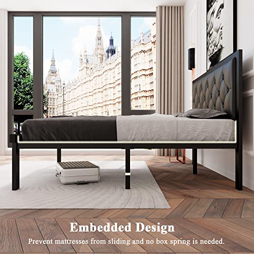 Full Size Metal Bed Frame with Faux Leather Button Tufted Headboard - Black, 12-Inch Storage