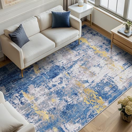 Washable Abstract Area Rug 8x10 ft for Living Room - Blue & Gold, Non-Slip