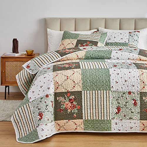 Patchwork Quilt Set Full/Queen Green Floral Plaid Bedspread 3 Pieces - Reversible Lightweight Microfiber Summer Bed Coverlet - Queen 90"x90" Variation of THIS listing