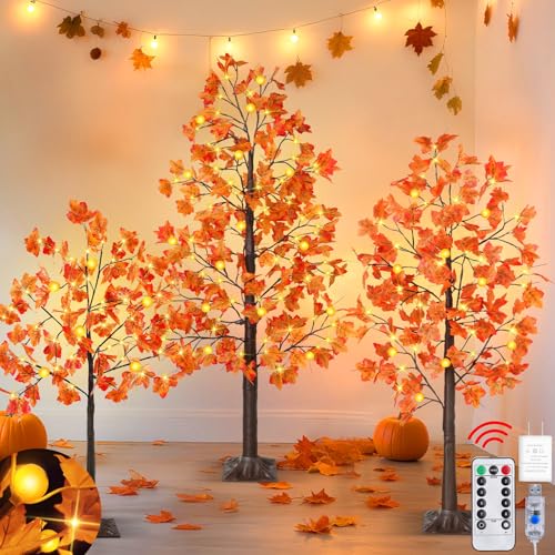 Lighted Fall Tree Set with Remote Control - 3 Pack 4ft, 5ft, 6ft LED Autumn Trees