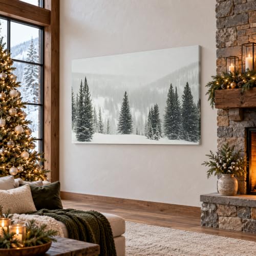 BYXOLARA Winter Scene Wall Art 24x36 Framed Canvas Print - Snow Forest Landscape, Pine Trees