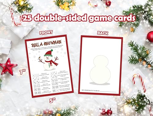QSLCU Christmas Roll a Snowman Dice Game 02, Festive Family Party Activity, Winter Holiday Gift, 25 Cards
