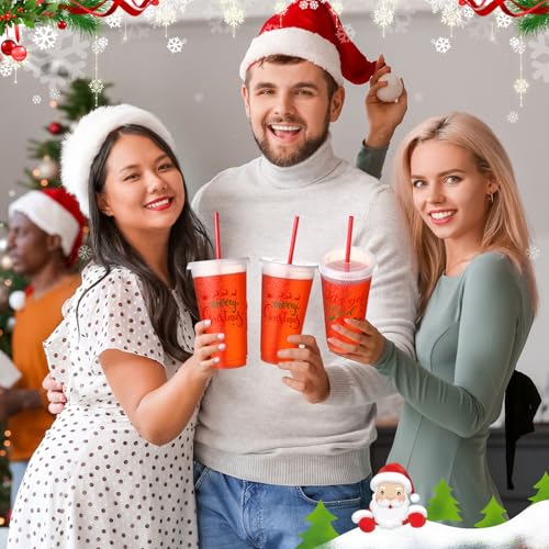 Funnymoom Christmas Plastic Cups with Lids and Straws, 24oz, Red & Green, 24 Pack