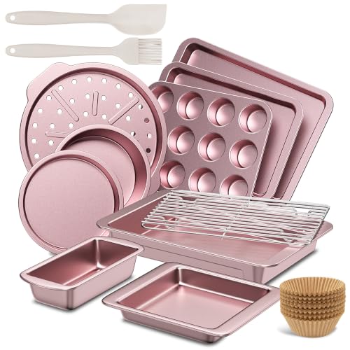 Pink Bakeware Set with 12 Nonstick Pans & Rack - Rose Pink